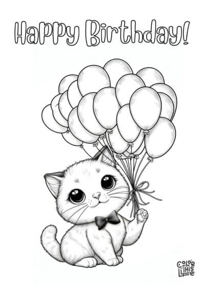 Happy birthday cat coloring page with balloons - Color This Life