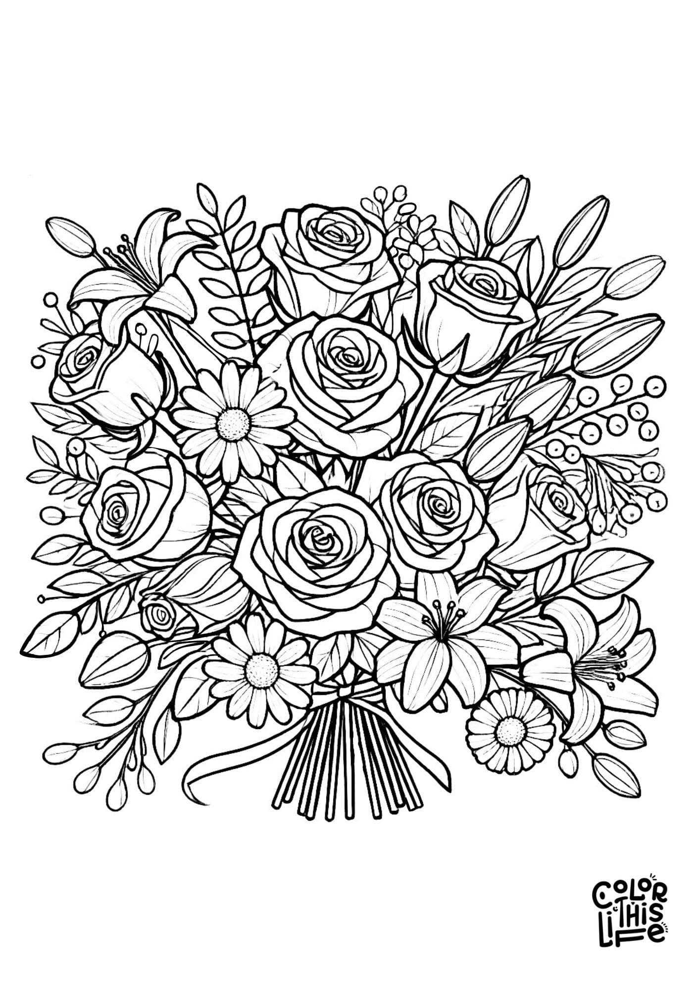 Detailed rose bouquet coloring page - Color This Life