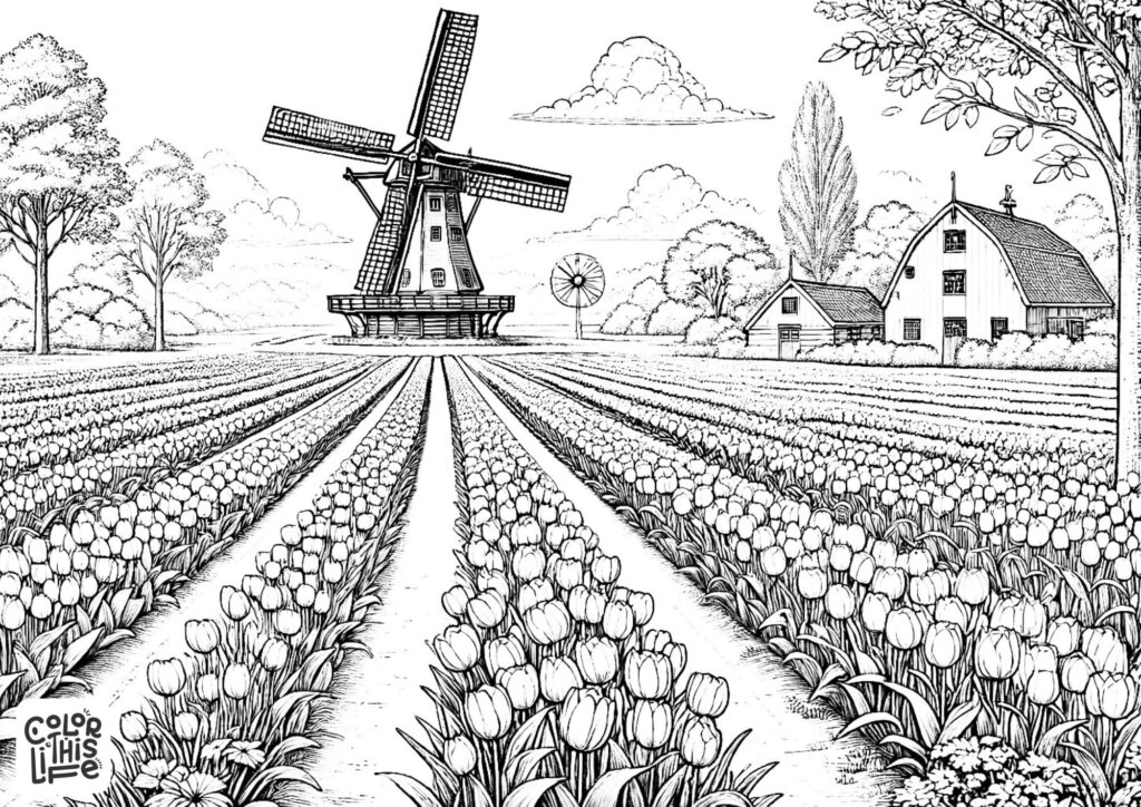 Dutch tulip field with windmill coloring page - Color This Life
