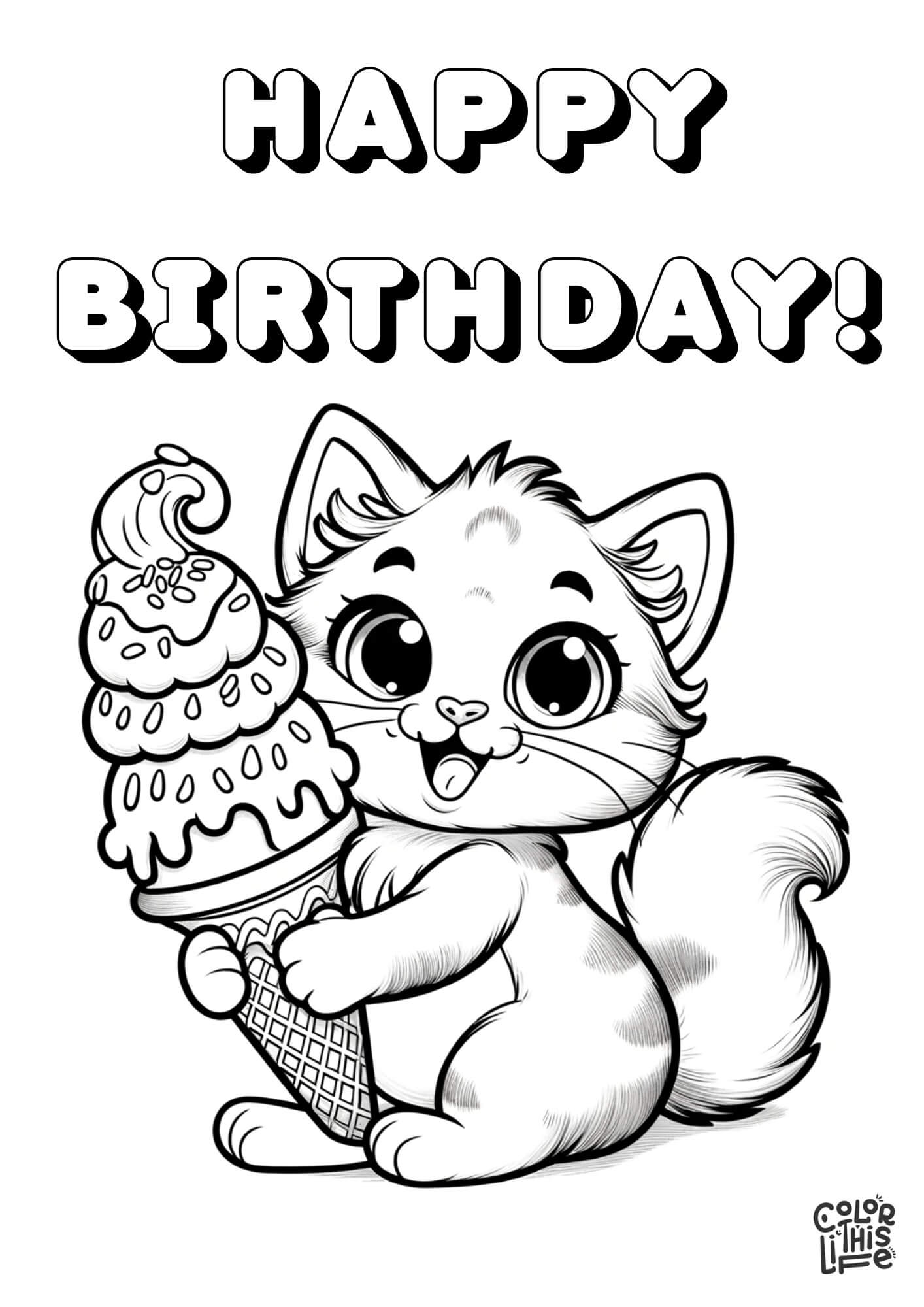 Happy birthday cat coloring page with ice cream - Color This Life