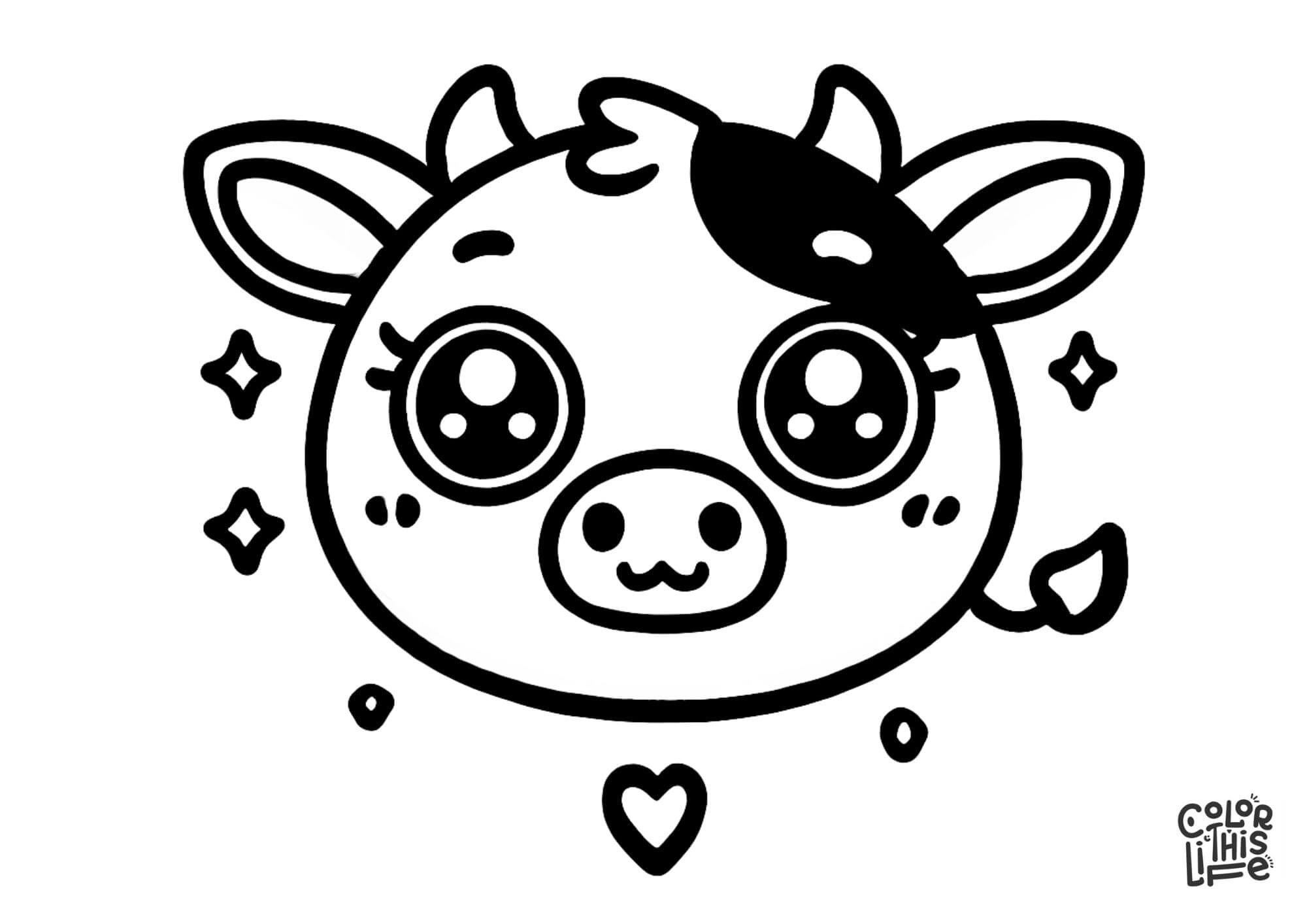 Cute kawaii cow face coloring page - Color This Life