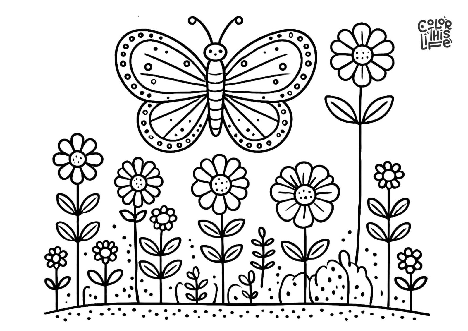 Pretty butterfly and flowers coloring page - Color This Life