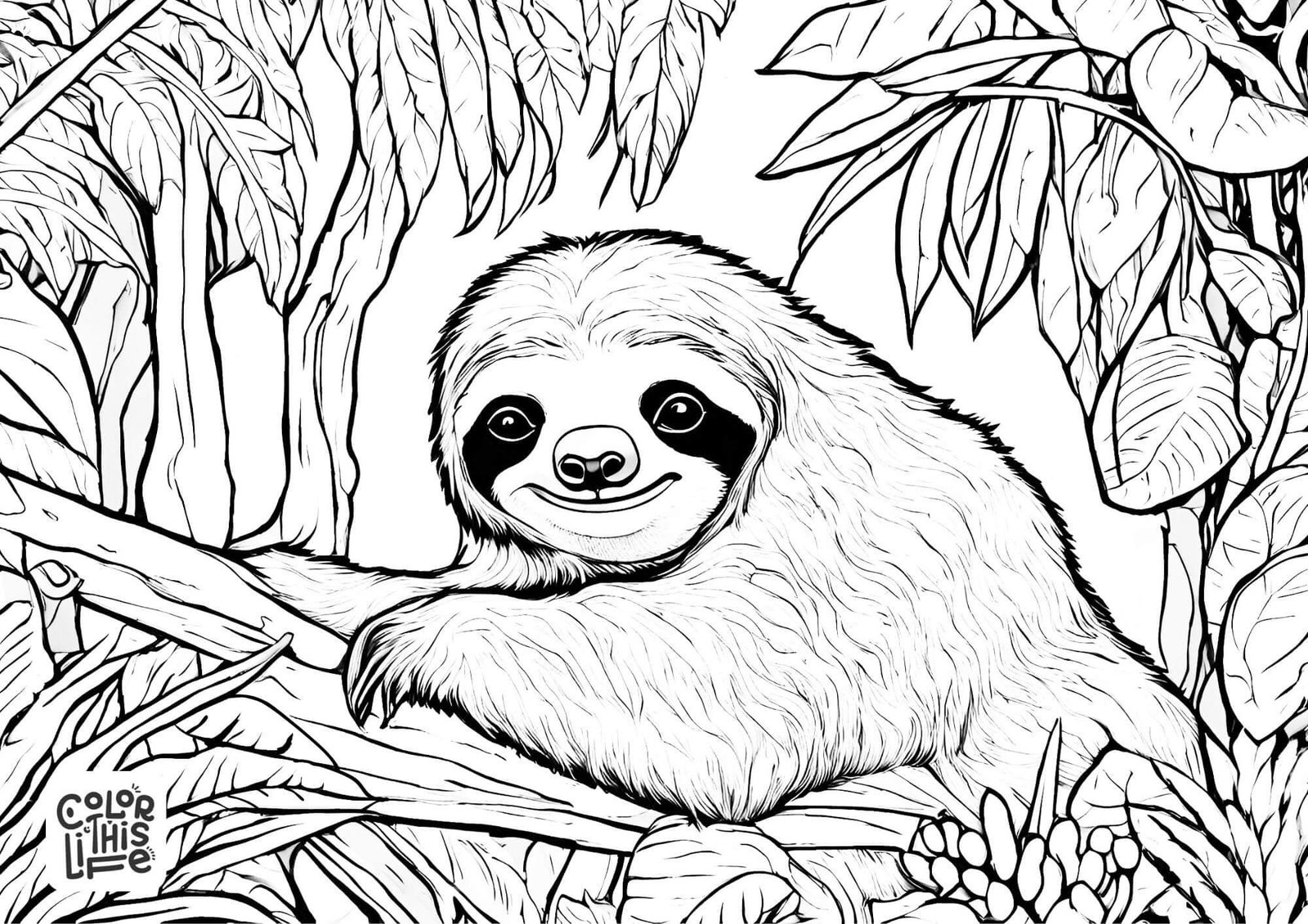 Jungle sloth coloring page for adults - Color This Life