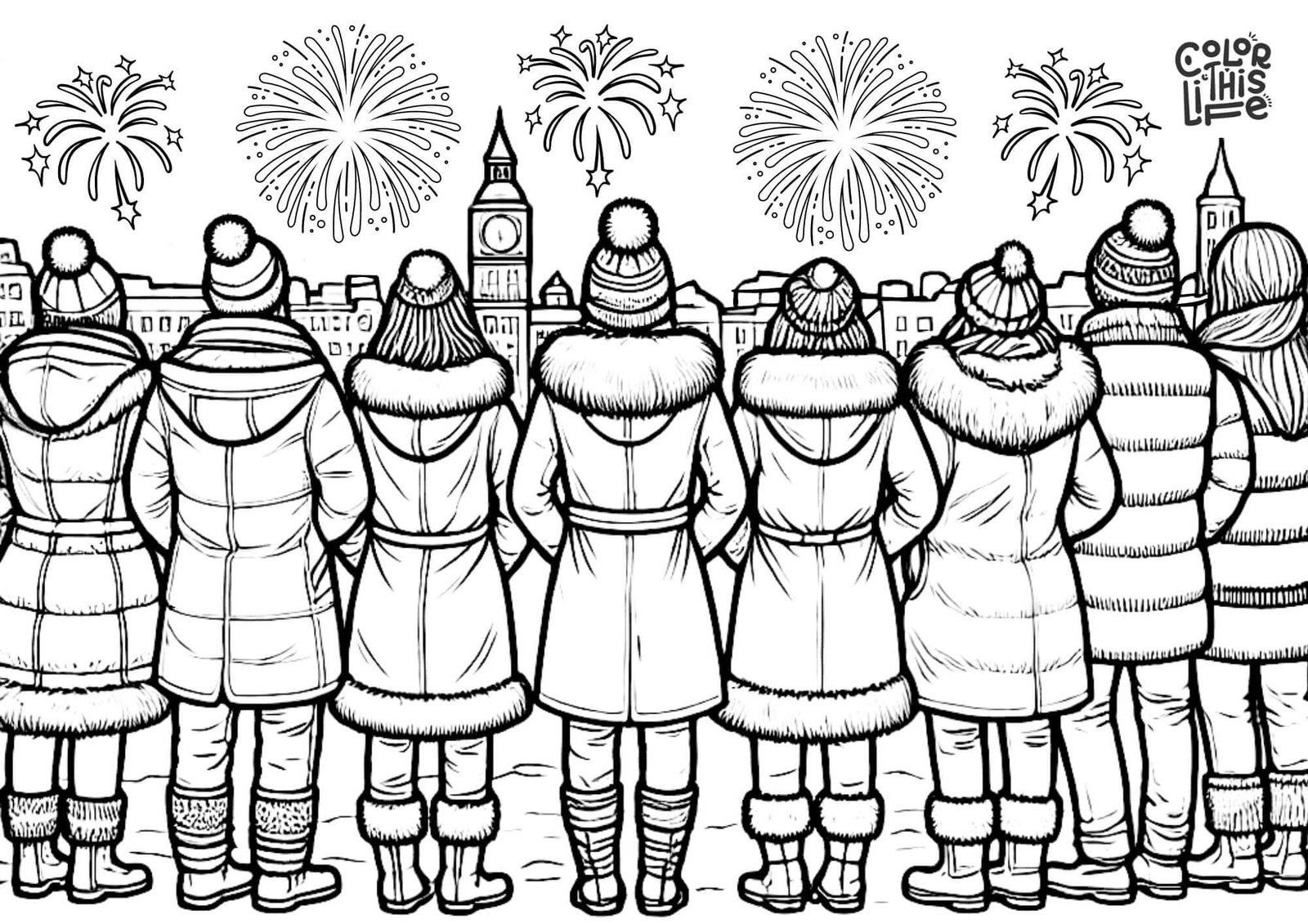 New Year fireworks display coloring sheet - Color This Life