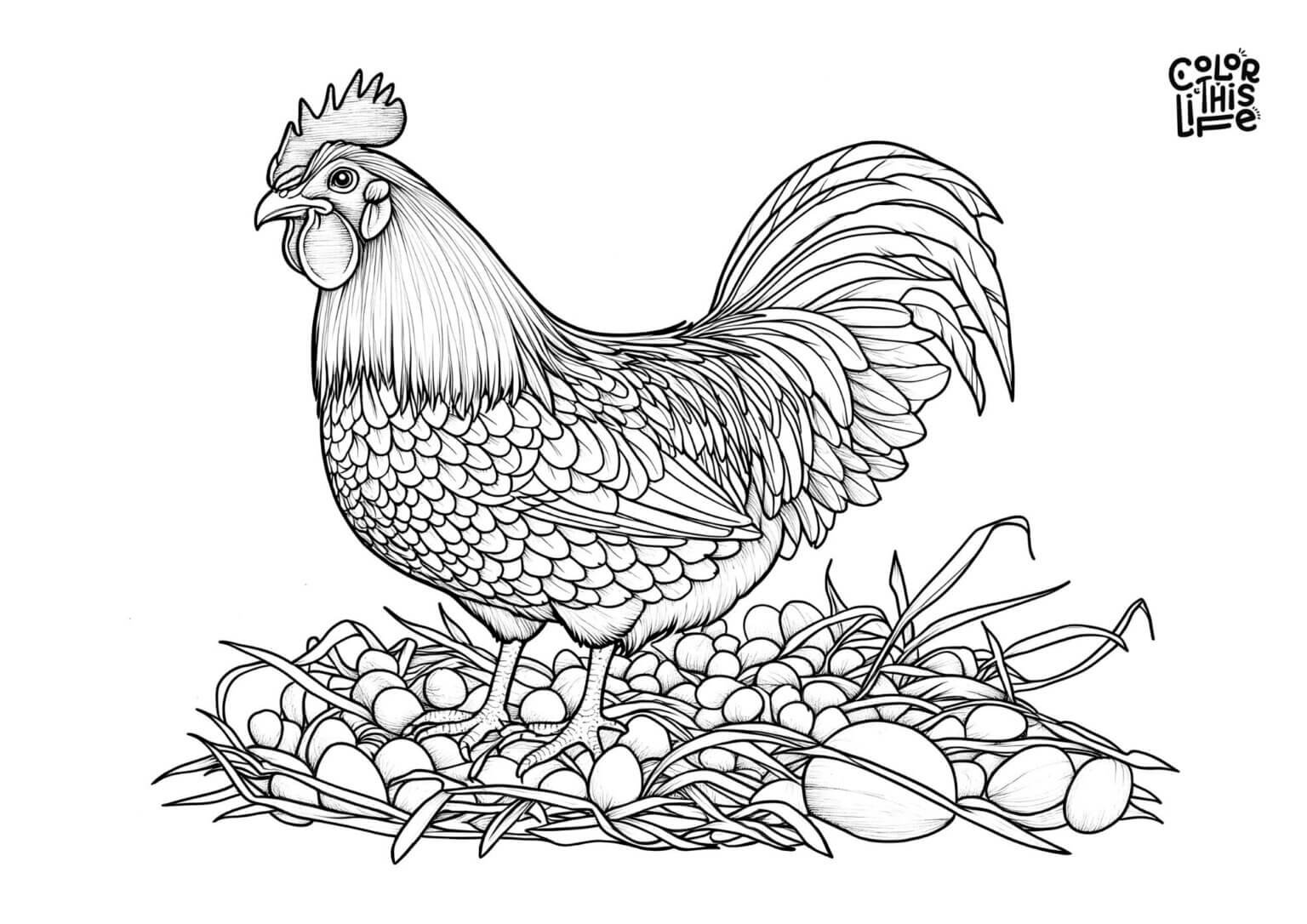 Detailed rooster coloring page free printable - Color This Life