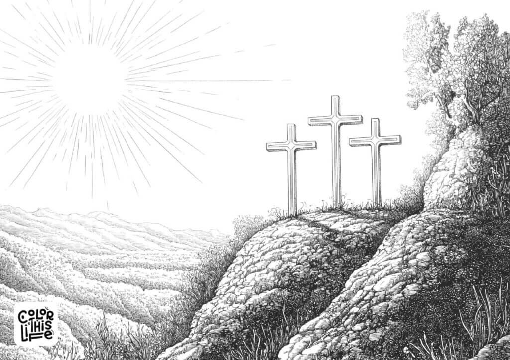 He is risen coloring page with cross - Color This Life