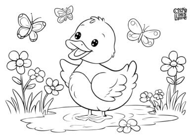 Cute duck and butterflies coloring page for kids