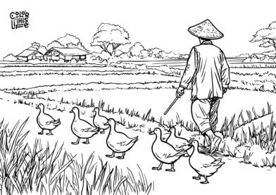 Free coloring picture of ducks with farmer