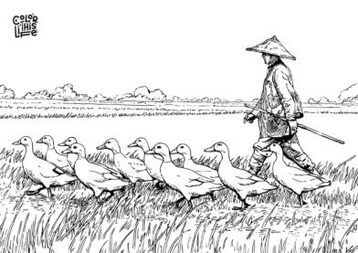Detailed duck coloring page with farmer in field