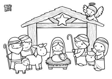 Cute nativity scene coloring page free printable