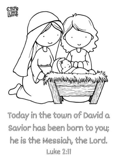 Free nativity coloring page with Jesus in a manger