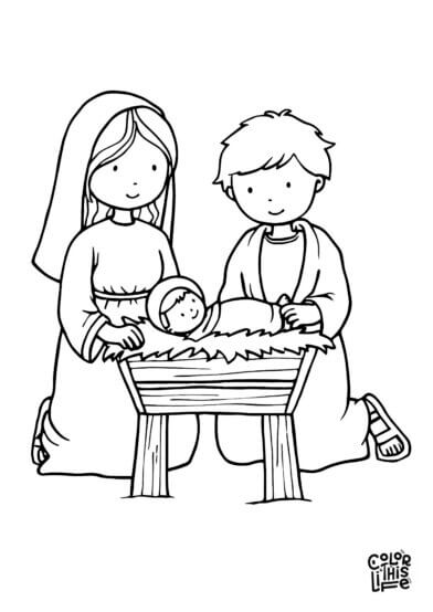 Simple Mary and Joseph nativity coloring page for kids