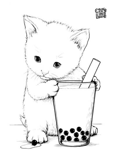 Cute boba tea coloring page with kitten