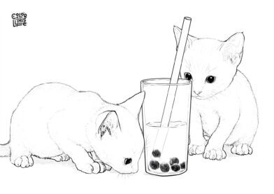Cute coloring page with boba and kittens