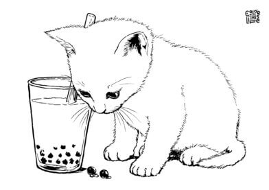 Cute kitten with boba coloring page
