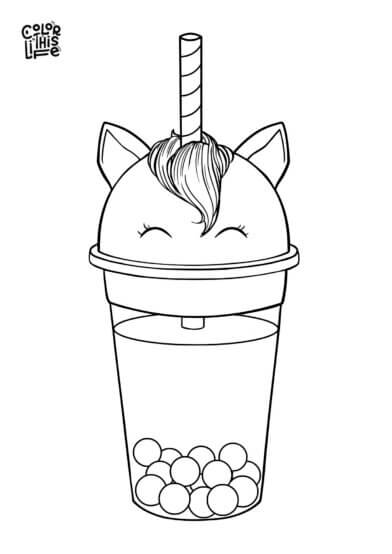 Cute unicorn cup boba coloring page free printable