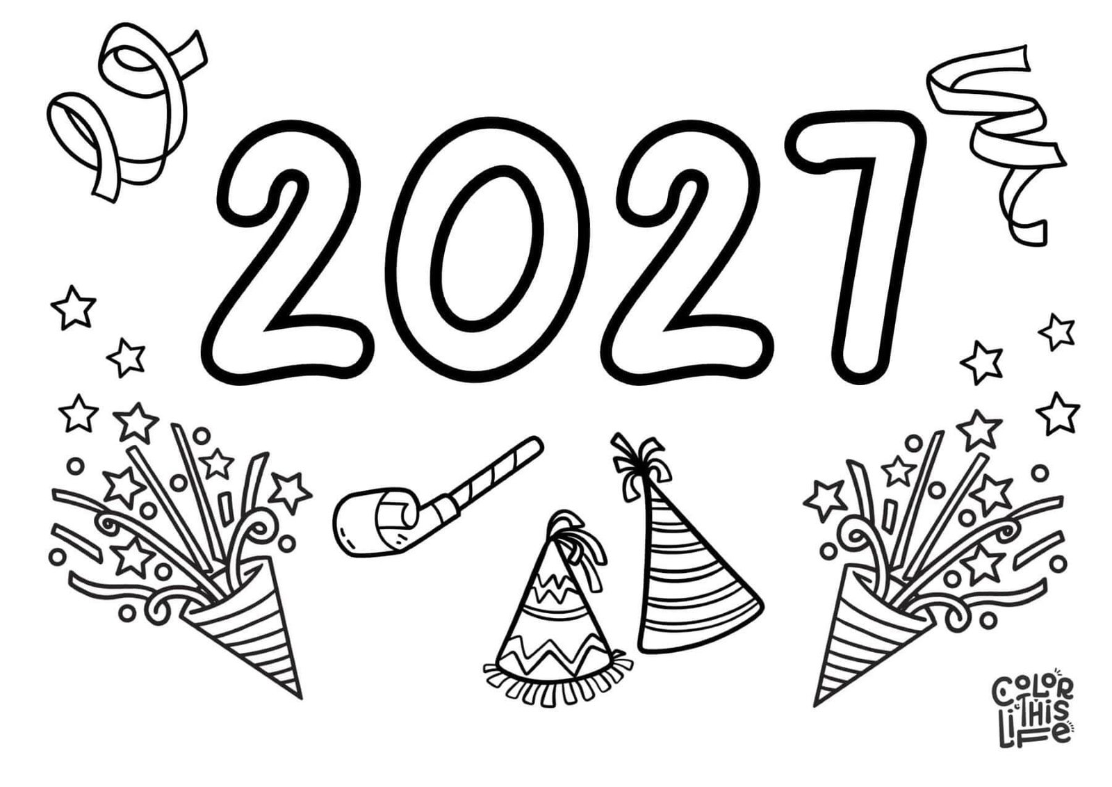 2027 New Year's Eve party coloring page - Color This Life