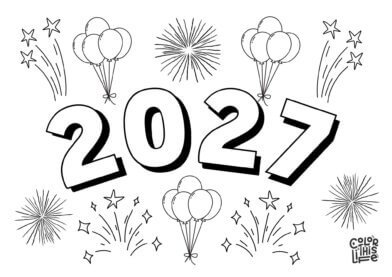 New Year 2027 coloring page New Year 2027 coloring page with balloons and fireworks